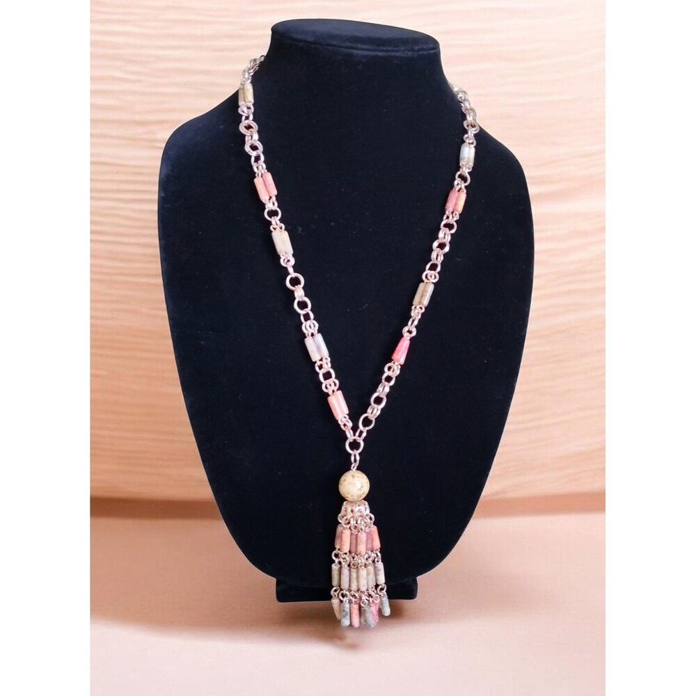 Cato Beaded Tassel Pendant Necklace Pink Bead Fringe Silver Tone Jewelry Boho 1x